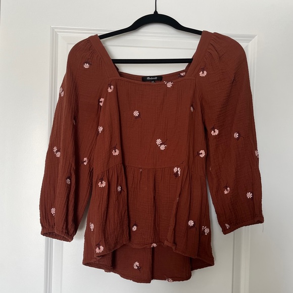 Madewell Amie Floral Embroidered Lightspun Millbrook Puff-Sleeve Peplum Top - Picture 4 of 5